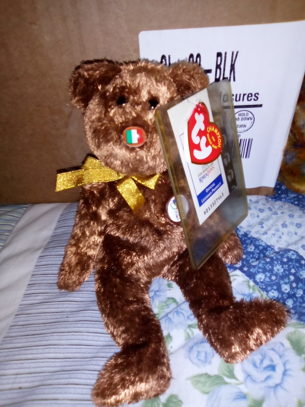 Ty Brown Plush Bear with Gold Ribbon and Original Tag